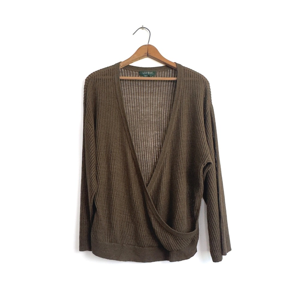 Y2K Lauren Ralph Lauren‎ Linen Sheer Ribbed Wrap Top | Brown Open Knit  | L